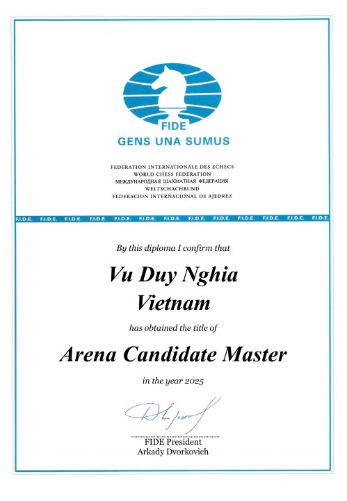 Chứng nhận Arena Candidate Master của học viên Vu Duy Nghia, năm 2025