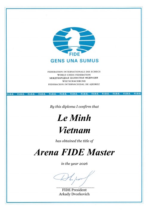 Chứng nhận Arena FIDE Master của học viên Le Minh, năm 2026